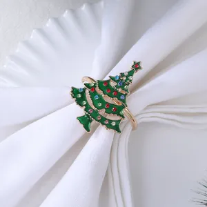 Exquisite Christmas tree napkin ring with green enamel and colorful rhinestones decor