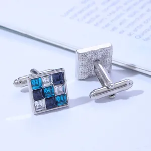 French Shirt Cufflinks For Men Square Blue Zirconia Checkerboard Design Silver Plated Alloy Business Wedding Formal Accessory