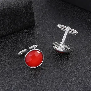 Classic round cufflinks with red crystal center and polished silver finish for men