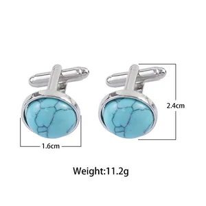 Detailed size view of silver cufflinks with round light blue stone and dimensions