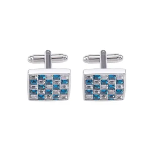 Men's square cufflinks featuring blue and white checkered crystal stones in silver finish