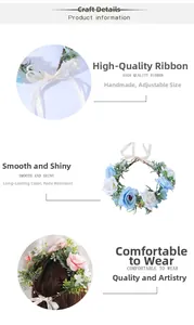 Gros plan détaillé du bandeau floral fait main avec ruban réglable et fleurs en soie