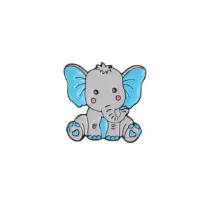 Cute cartoon elephant enamel pin in grey and blue finish with a minimalist white background