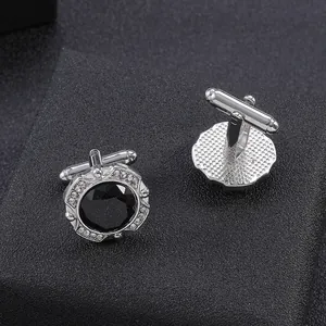 Silver cufflinks for men with round black gemstone and double row of white crystals