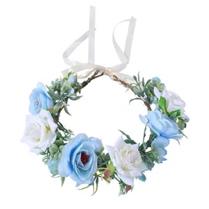 Couronne de Fleurs de Rose Artificielle Guirlande de Cheveux Style Forêt Avec Ruban Pour Mariage Fête Photographie Femme Enfants