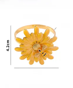 Detail view of sunflower napkin ring with bee accent and yellow enamel finish