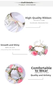 Detail von handgefertigtem Rosen-Blumenkranz mit rosa Blüten und verstellbarem Satinband