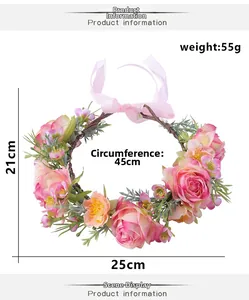 Dimensions détaillées de la couronne de fleurs de mariée rose, 45 cm de circonférence