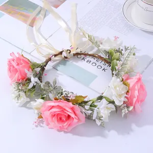Damen Braut Blumenkranz Stirnband Künstliche Rosa Weiße Rose Blumenkrone Mit Satinband Waldstil Für Hochzeitsfotografie