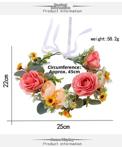 Detailed dimensions of bridal flower crown with rose sunflowers and white silk ribbon