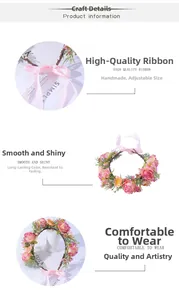 Détail du ruban rose réglable et des pétales de rose faits main pour bandeau de mariée
