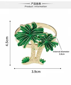 Detailed dimensions of gold metal napkin ring with green palm tree design, 16.4g weight