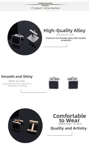 Detail view of square black alloy cufflinks with smooth and shiny metallic texture