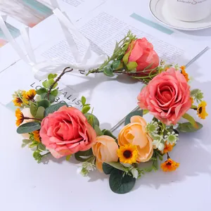 Handmade Artificial Rose Flower Crown Bridal Headpiece With Ribbon Floral Hair Accessories For Wedding Photography Women