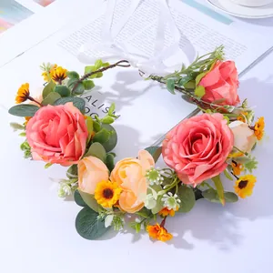 Handmade bridal floral crown with pink roses and orange blossoms for wedding events
