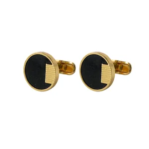 Boutons de Manchette Homme Business Alliage Plaqué Or Émail Noir Rond Rayures Géométriques Accessoires de Chemise pour Costume Formel Mariage Bureau Bijoux