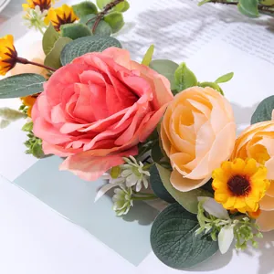 Elegant floral bridal wreath crown with realistic pink roses and yellow daisies
