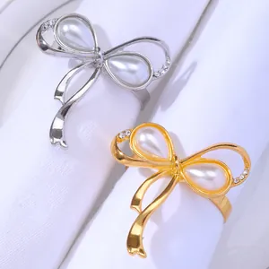 Luxus Legierung Schleife Serviettenring Mit Künstliche Perle Strass Eingelegt Metall Serviettenhalter Für Hochzeit Bankett