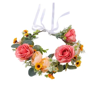 Bohemian floral crown with pink roses and orange daisies for bridal wedding hair decoration