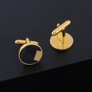 Boutons de manchette ronds dorés pour hommes avec surface mate noire et rayures