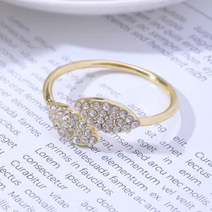 Golden double leaf napkin ring with sparkling rhinestones for dining table decor