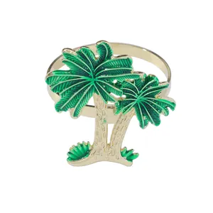 Golden palm tree napkin ring with green enamel leaves for tropical summer table decor