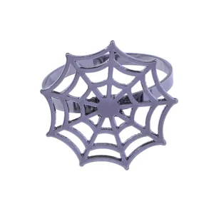 Halloween spider web napkin ring in gunmetal black alloy with intricate hollow cutout design