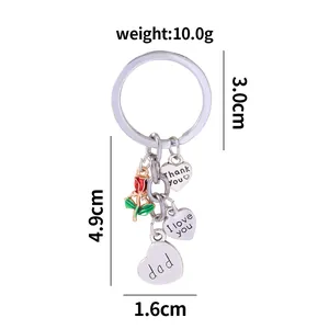 Silver Father's Day keychain with heart pendants and red rose detail showing dimensions