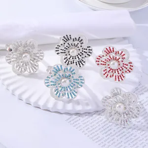 Floral napkin rings with pearls and colorful rhinestones in five elegant finishes