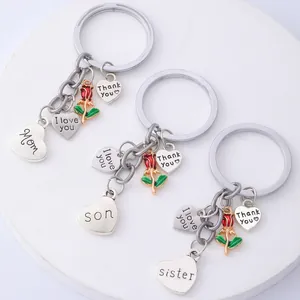 Silver engraved keychain set for Mom Son Sister with red rose charms and heart pendants