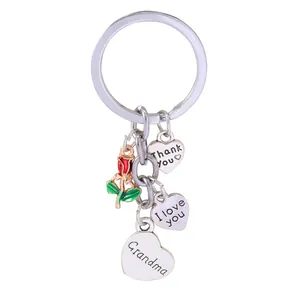 Silver heart keychain with red rose pendant and Grandma engraving for Thanksgiving gift