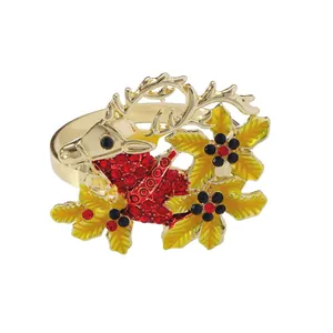Christmas Reindeer Napkin Rings Gold Alloy Red Rhinestone Enamel Flower Holder For Holiday Wedding Party Table Decoration
