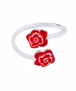 Detail view of red rose napkin ring with silver metal finish and specific dimensions