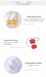 Detailed view of red rose metal napkin rings in gold and silver finish alloy