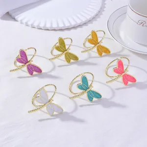 Set of 6 colorful enamel dragonfly napkin rings with golden twist metal loops for table decor