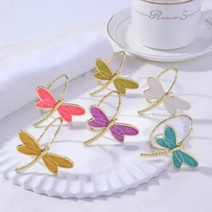 Set of 6 colorful dragonfly napkin rings with gold alloy frames for table decor