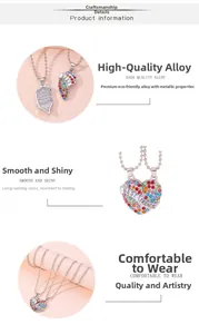 Detailed close-up of Best Friends split heart necklace set with colorful rhinestones