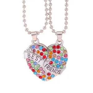 Colorful Rhinestone Best Friends Heart Puzzle Necklace Set For Women Teens Silver Plated Alloy BFF Pendant Jewelry Gift