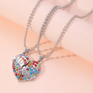 BFF heart pendant necklace set with colorful crystals and best friends engraving