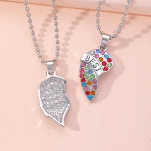 Friendship split heart pendant necklace with BEST engraving and colorful crystals