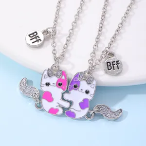 Collane con Ciondolo a Forma di Gatto BFF per Ragazze in Lega di Zinco Smalto Strass Best Friend Forever Gioielli Abbinati
