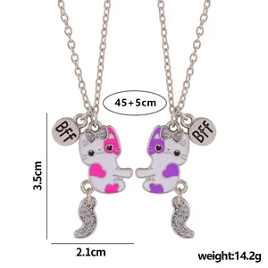 Collane BFF con gatto e smalto glitterato rosa e viola su catene in lega d'argento
