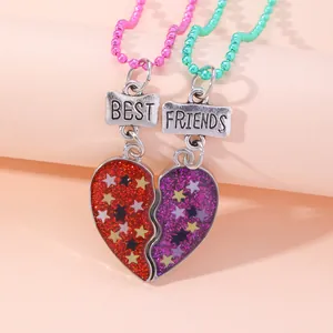 Farbenfrohe Best Friends Herz-Halsketten Set mit rosa und violetten Perlen und Sternanhängern