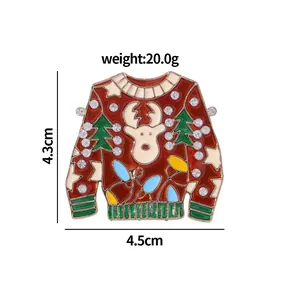 Detailed view of a red Christmas ugly sweater brooch with reindeer and tree patterns