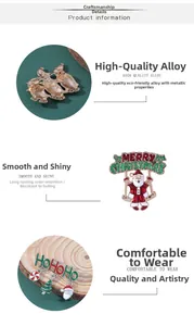 Detail of Christmas brooches with Santa Claus and enamel lettering on festive background
