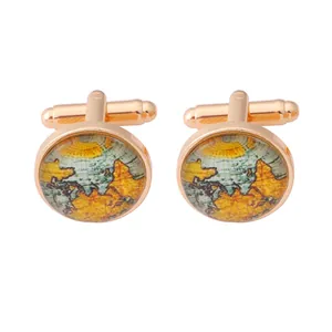 Polished rose gold cufflinks with world map earth design under domed glass cover