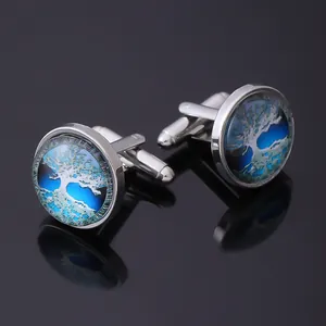 Silver Celtic Tree of Life cufflinks with blue glass dome for men's formal dress shirts