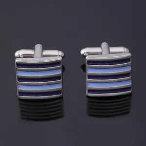 French Style Alloy Men Cufflinks Silver Tone Blue Enamel Striped Shirt Accessory For Business Wedding Party Jewelry