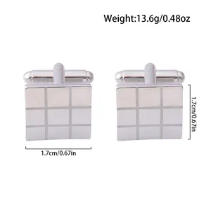 Detailed view of square silver cufflinks with laser grid pattern, 1.7cm size specifications
