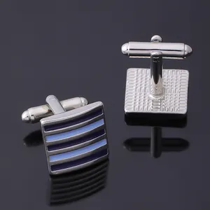 Silver cufflinks for men with blue striped enamel finish and bullet back closure